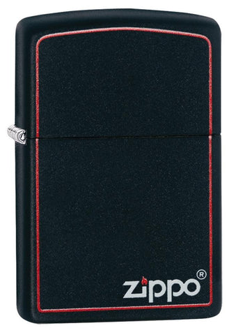 Front view of the Classic Black and Red Zippo Black Matte Lighter shot at a 3/4 angle