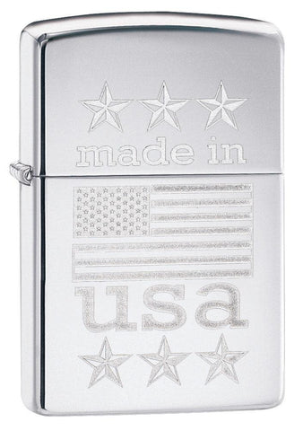 Front shot of Made in USA Flag & Stars High Polish Chrome Finish Windproof Lighter standing at a 3/4 angle