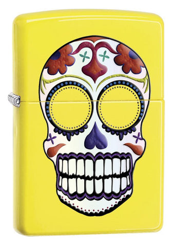 Front view of the Day of the Dead, Neon Yellow Lighter shot at a 3/4 angle