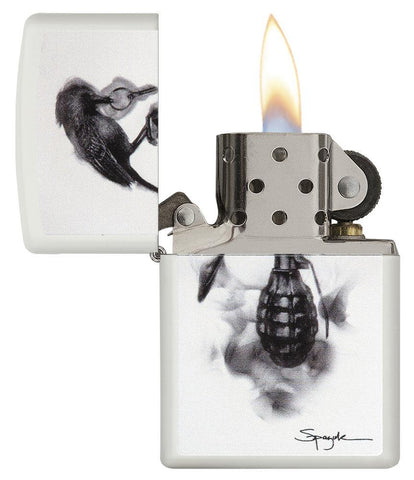 Steven Spazuk Art with Black Bird on Hand Grenade Windproof Lighter open and lit.