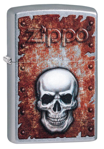 Front view of the Rusted Skull Design Lighter shot at a 3/4 angle