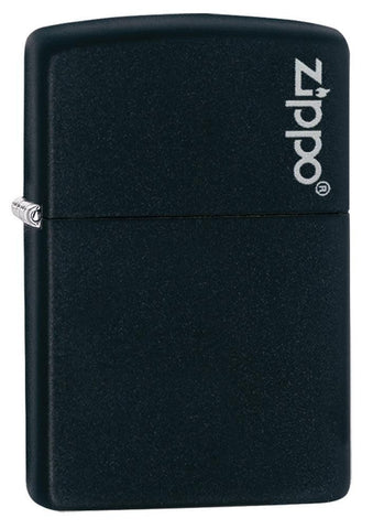 Front view of the Black Matte with Zippo Logo Lighters shot at a 3/4 angle