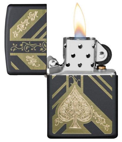 Black Matte Ace of Spades Windproof Lighter with its lid open and lit