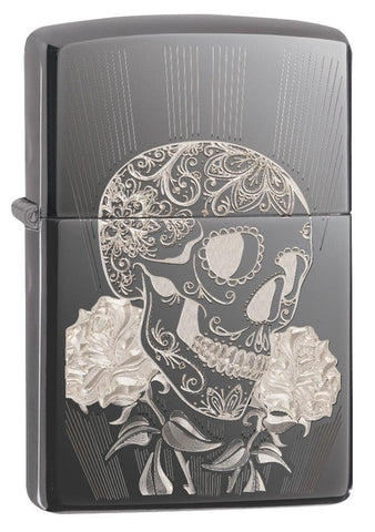 Front shot of Fancy Skull Design Black Ice Windproof Lighter standing at a 3/4 angle