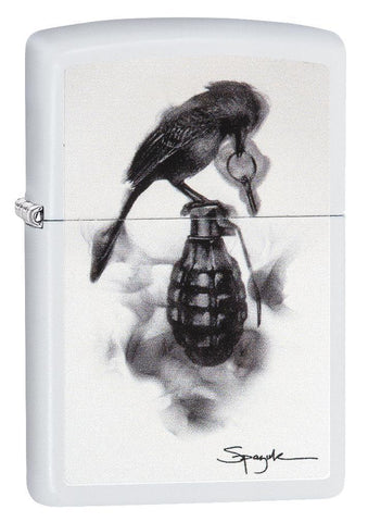 Steven Spazuk Art with Black Bird on Hand Grenade Windproof Lighter 3/4 View.