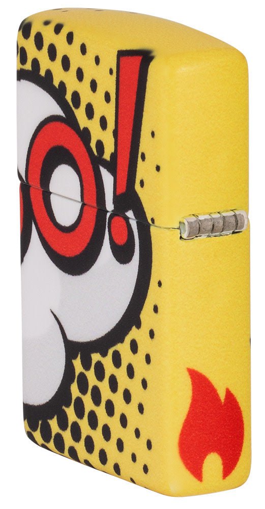 Angled shot of Zippo Pop Art Design 540 Color Windproof Lighter, showing the back and hinge side of the lighters design