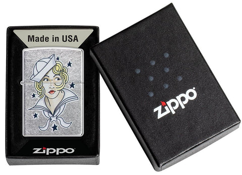 Sailor Girl Tattoo Design Street Chrome™ Windproof Lighter in its packaging.