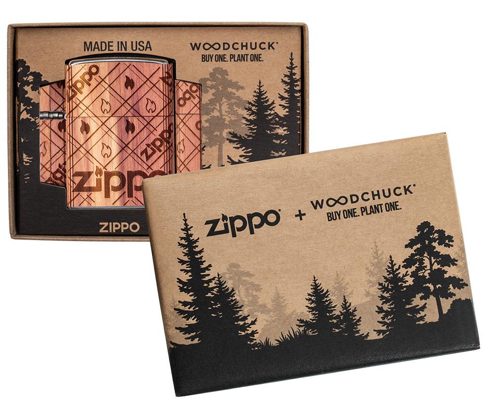 WOODCHUCK USA Zippo Cedar Wrap Windproof Lighter in its Woodchuck packaging