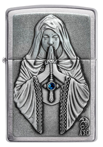 Anne Stokes Gothic Prayer Emblem Brushed Chrome Windproof Lighter with its lid open and unlit.