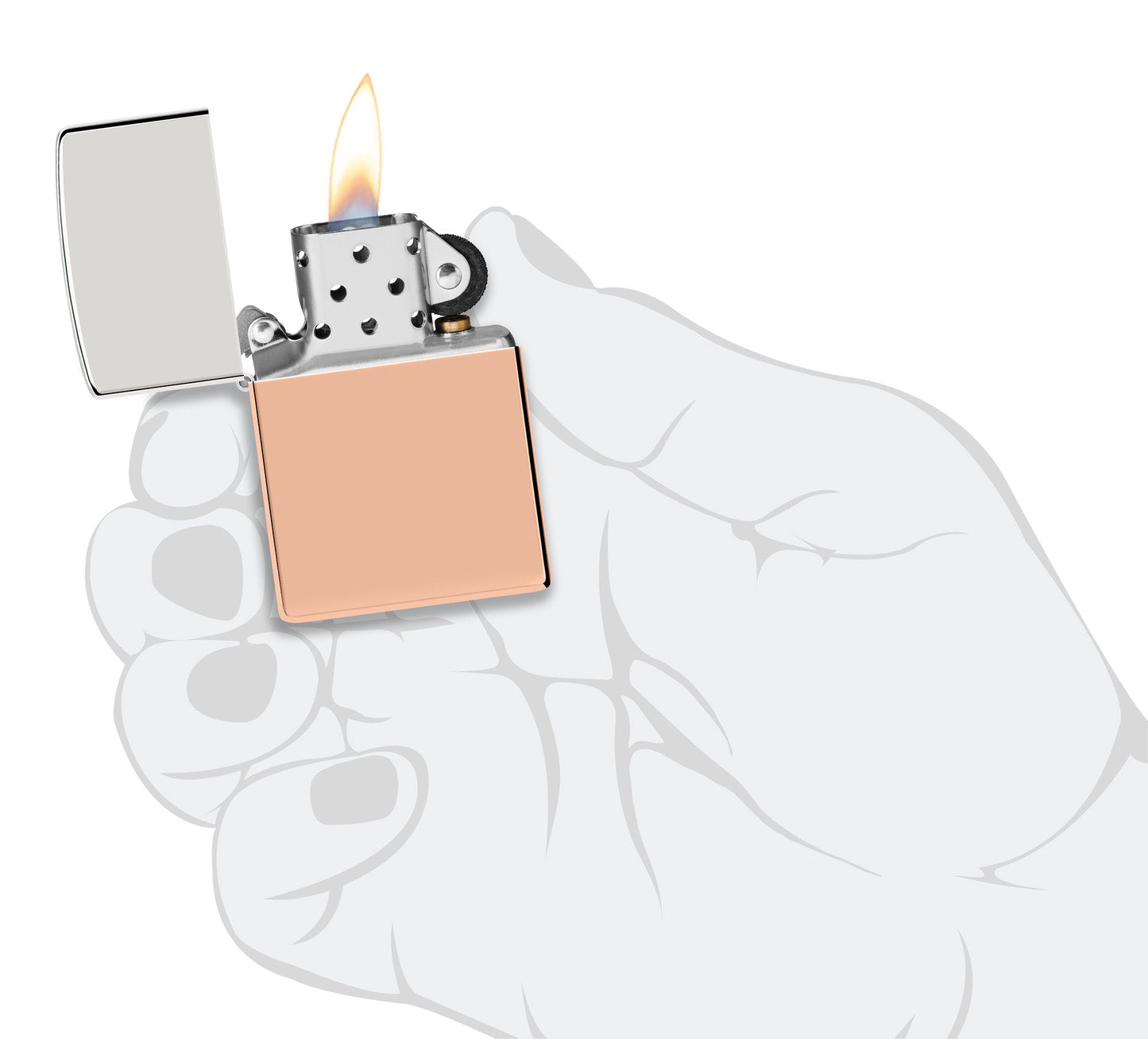 Zippo Bimetal (Copper Bottom) Windproof Lighter lit in hand.