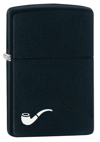 Front shot of Black Matte Pipe Lighter with White Pipe Corner Symbol standing at a 3/4 angle