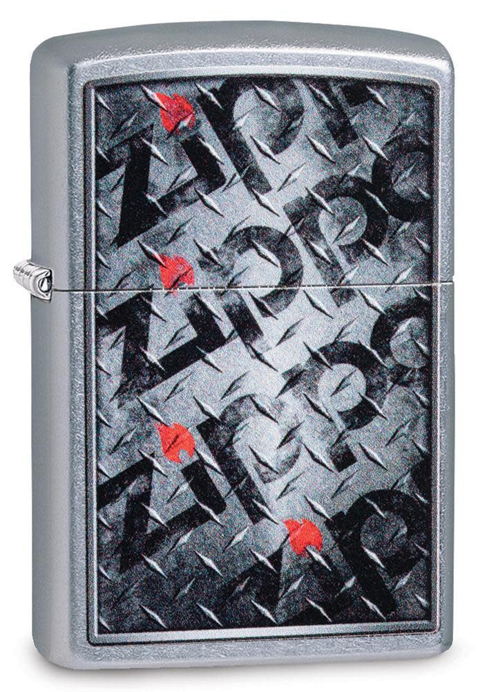 Front view of Diamond Plate Zippo Design Windproof Lighter standing at a 3/4 angle