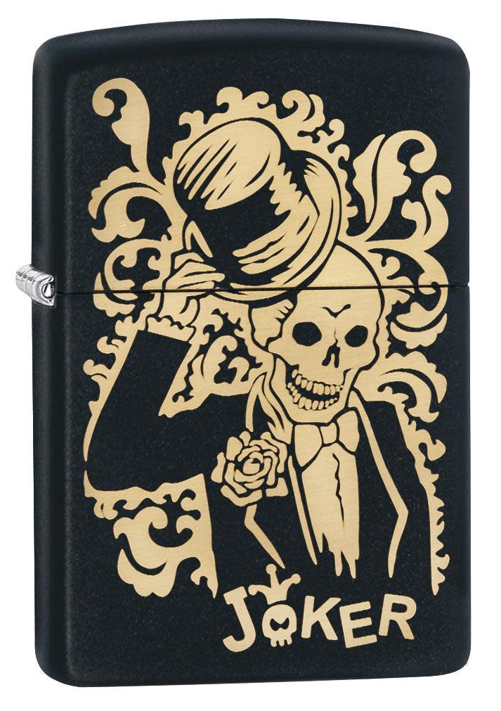 Front view of the Joke Skeleton Tipping Hat with Bronze Swirls on Black Matte Lighter shot at a 3/4 angle