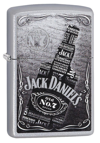 Front shot of Jack Daniel's Text Design Satin Chrome Windproof Lighter standing at a 3/4 angle
