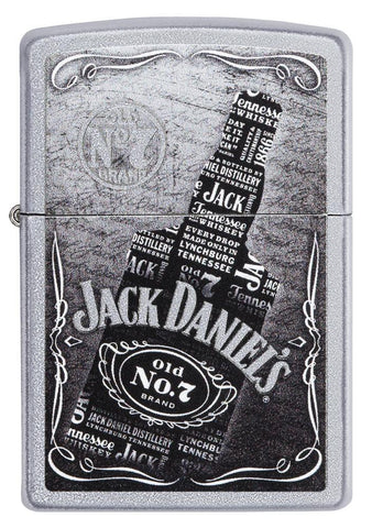 Jack Daniel's Text Design Satin Chrome Windproof Lighter with its lid open and lit