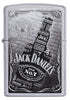 Jack Daniel's Text Design Satin Chrome Windproof Lighter with its lid open and lit