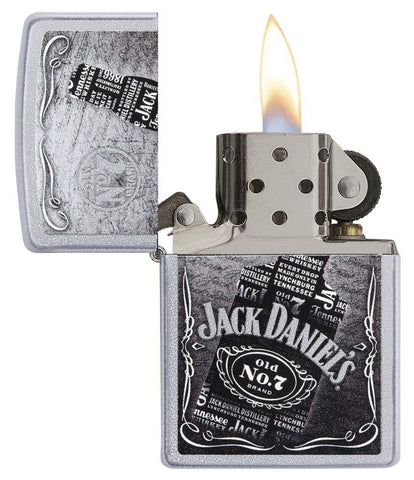Jack Daniel's Text Design Satin Chrome Windproof Lighter lit in hand