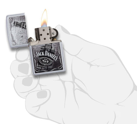 Jack Daniel's Text Design Satin Chrome Windproof Lighter in tis packaging