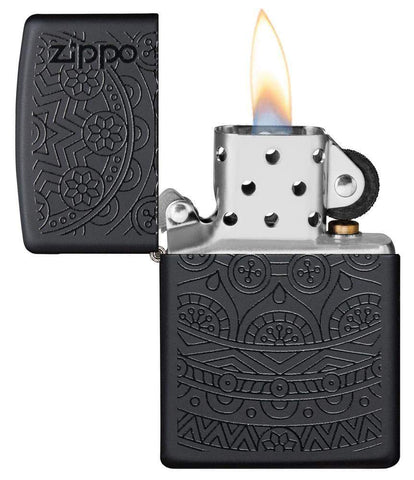 Tone on Tone Design Black Matte Windproof Lighter with its lid open and lit
