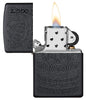 Tone on Tone Design Black Matte Windproof Lighter with its lid open and lit