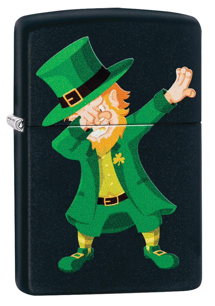 Dabbing Leprechaun Black Matte Windproof Lighter facing forward at a 3/4 angle