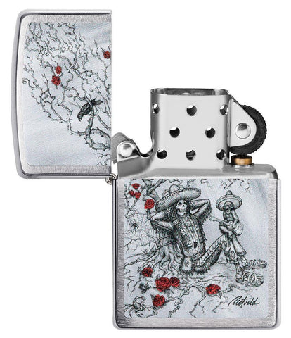 Rietveld Skeleton design Brushed Chrome windproof lighter with its lid open and not lit