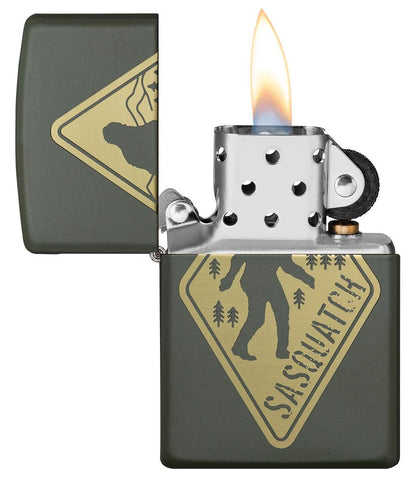 Sasquatch Crossing Windproof Lighter with its lid open and lit