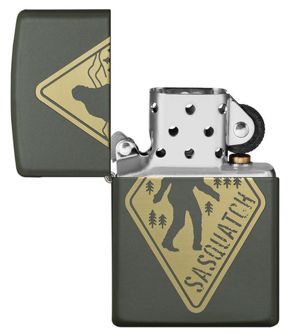 Sasquatch Crossing Windproof Lighter with its lid open and unlit