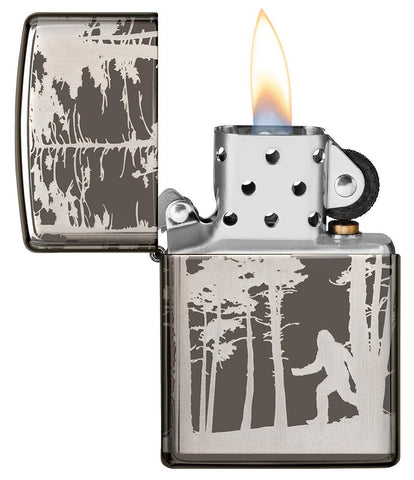 Squatchin' In The Woods 360° Design Windproof Lighter with its lid open and lit