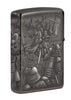 Back shot of Knight Fight Design High Polish Black Windproof Lighter standing at a 3/4 angle