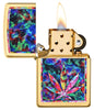Leaf Design Brushed Brass Windproof Lighter with its lid open and lit