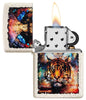 Tiger Design Mercury Glass Windproof Lighter with its lid open and lit