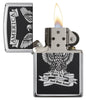 Black and White Americana High Polish Chrome Windproof Lighter - open and lit