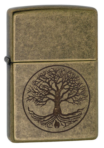 Front shot of Tree of Life Antique Brass Windproof Lighter standing at a 3/4 angle