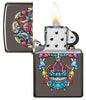 Mushroom Skull Design Black Ice Windproof Lighter with its lid open and lit,