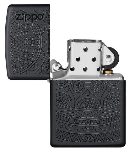 Tone on Tone Design Black Matte Windproof Lighter with its lid open and unlit