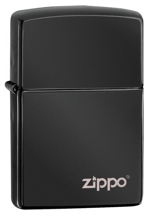 Front shot of Classic High Polish Black Zippo Logo Windproof Lighter standing at a 3/4 angle