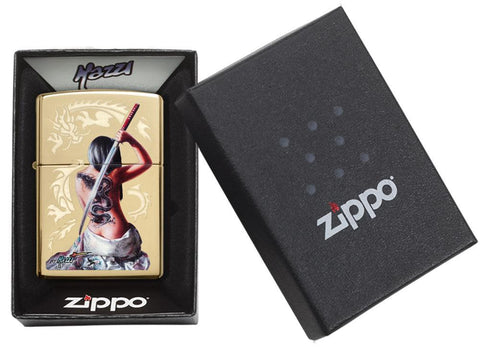 Mazzi Girl High Polish Brass Windproof Lighter in its packaging