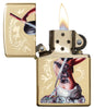 Mazzi Girl High Polish Brass Windproof Lighter with its lid open and lit