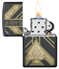 Black Matte Ace of Spades Windproof Lighter with its lid open and lit