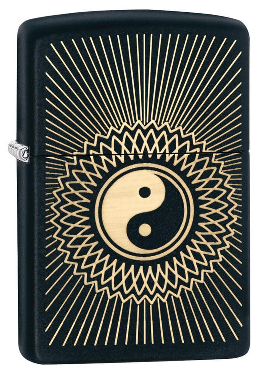 Front shot of Yin & Yang 2 Black Matte Windproof Lighter standing at a 3/4 angle