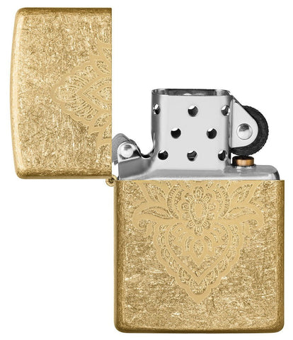 Henna Tattoo Design Tumbled Brass Windproof Lighter with its lid open and unlit.