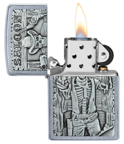 Saloon Skull Emblem Street Chrome™ Windproof Lighter with its lid open and lit