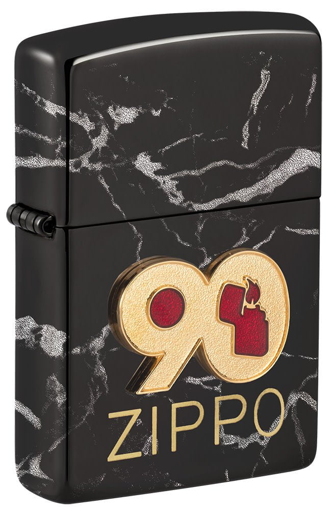 Front shot of 90th Anniversary "Everyday" Piece Windproof Lighter standing at a 3/4 angle