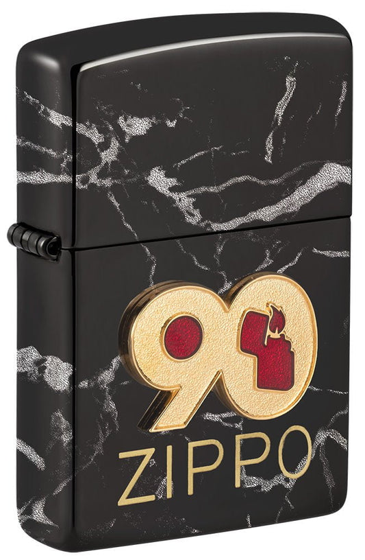 Front shot of 90th Anniversary "Everyday" Piece Windproof Lighter standing at a 3/4 angle