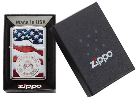 United States Stamp on American Flag Chrome Windproof Lighter in its packaging