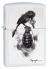 Steven Spazuk Art with Black Bird on Hand Grenade Windproof Lighter 3/4 View.