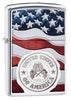 United States Stamp on American Flag Chrome Windproof Lighter standing at a 3/4 angle