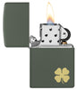 Four Leaf Clover Green Matte Windproof Lighter with its lid open and lit.
