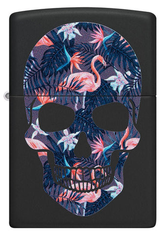 Front shot of Flamingo Skull Design Black Matte Windproof Lighter.